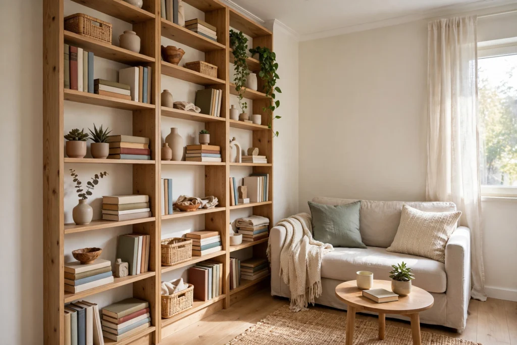 Tall vertical shelving maximizing storage in a small living room