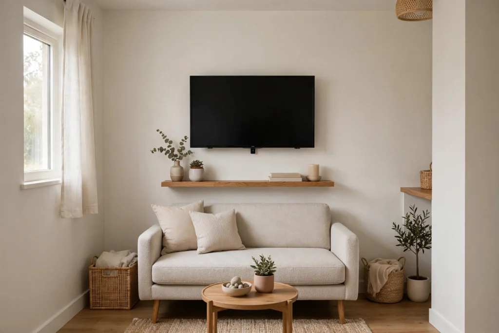 Wall-mounted TV freeing up floor space in a small living room