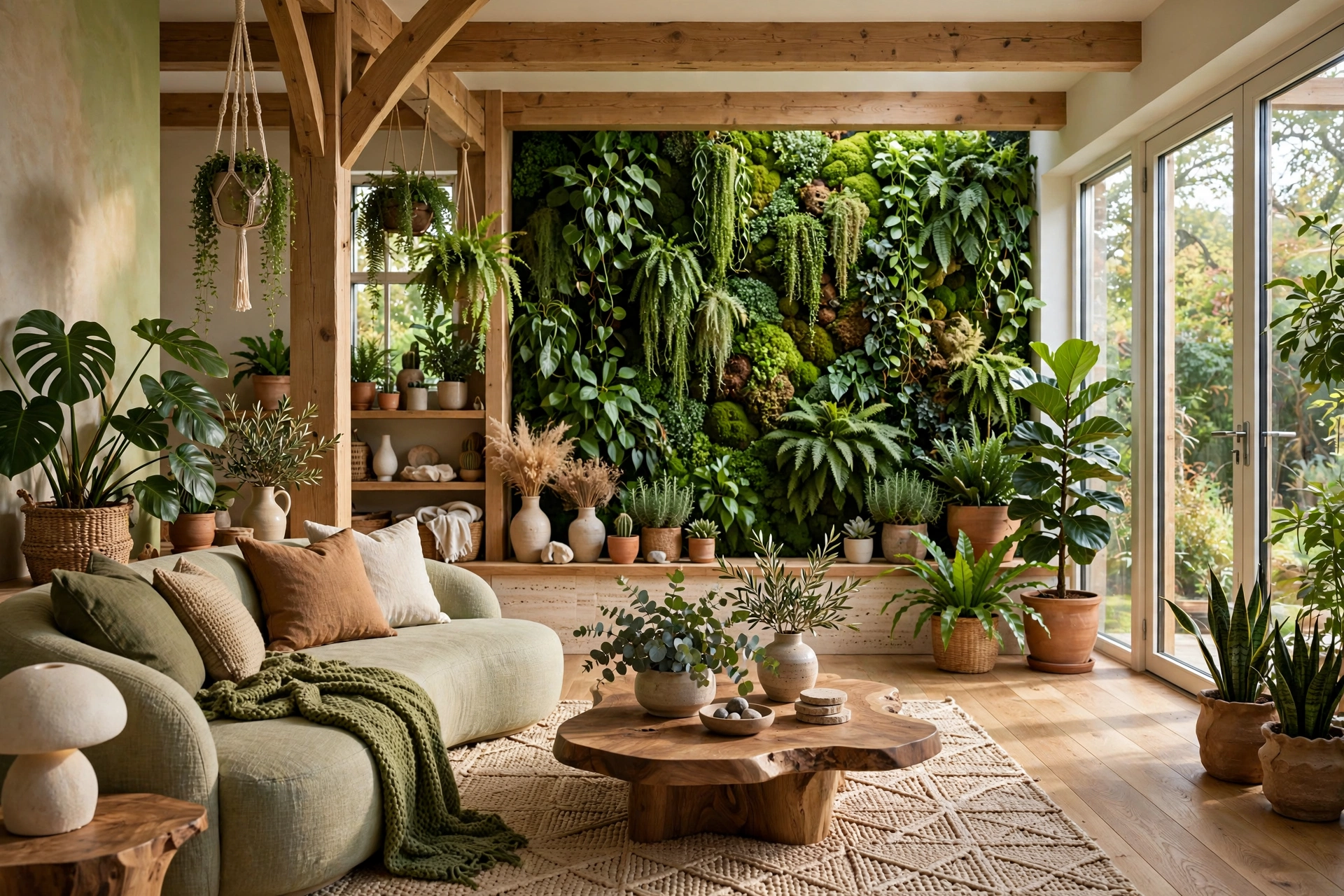 Biophilic interior design with lush indoor plants and natural light