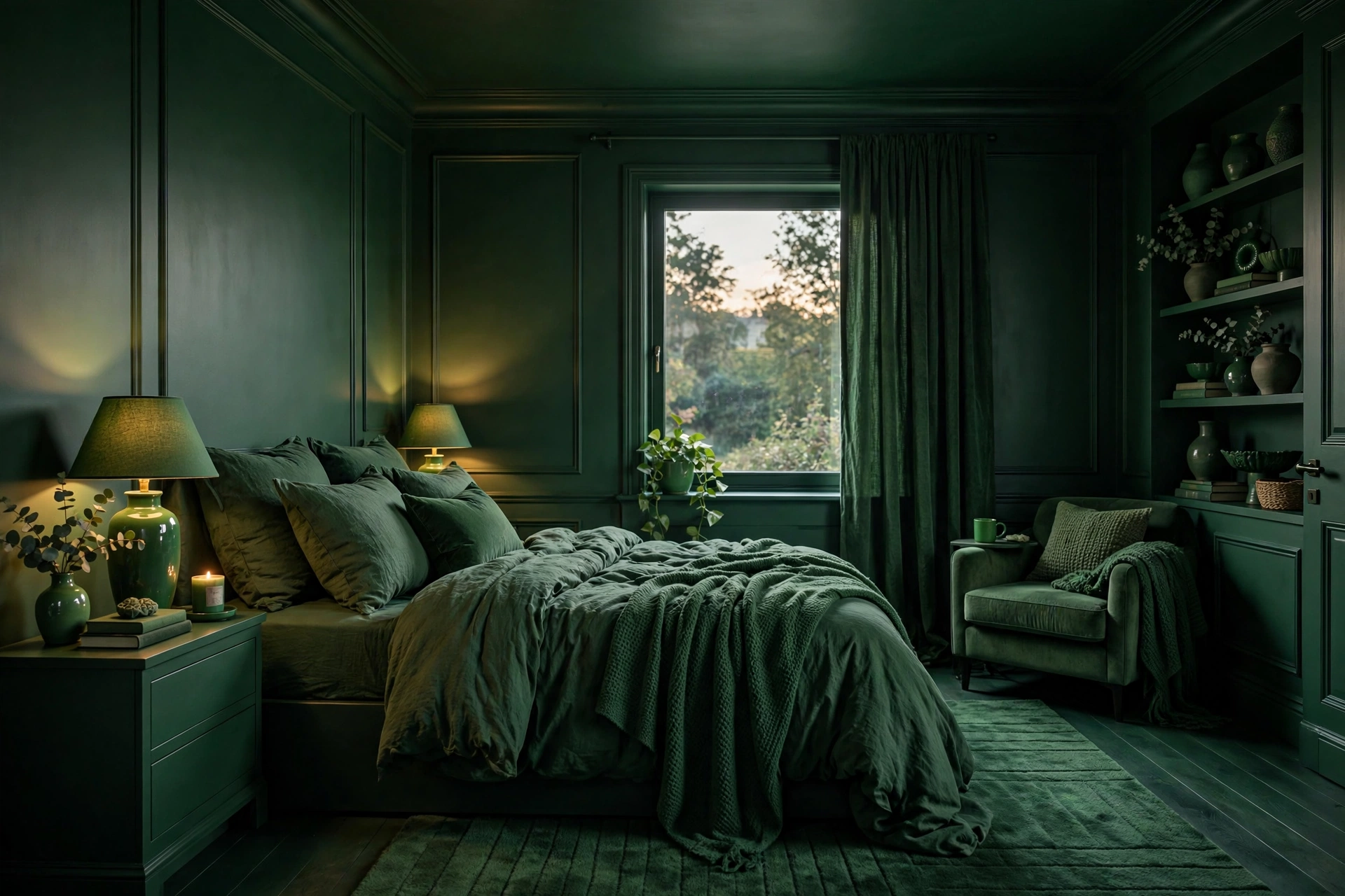 Color drenched bedroom with deep green walls, ceiling and trim