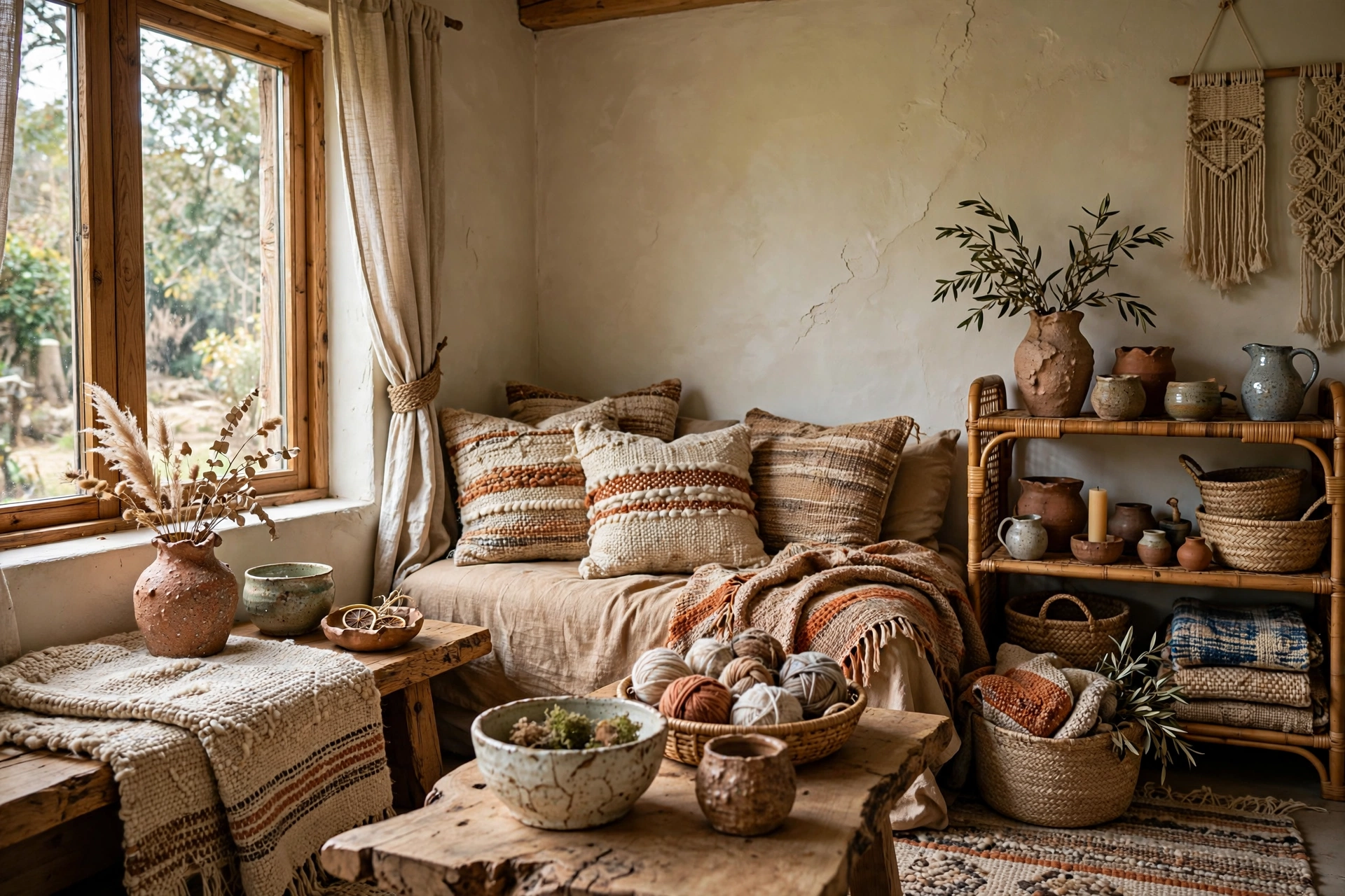 Handmade craft decor with artisan ceramics and woven baskets