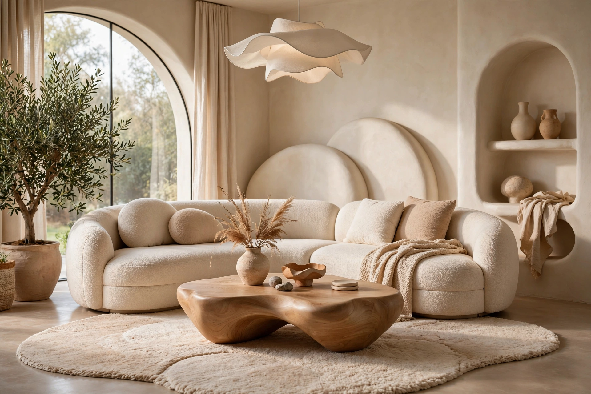 Curved boucle sofa and rounded armchairs showcasing the curved furniture trend