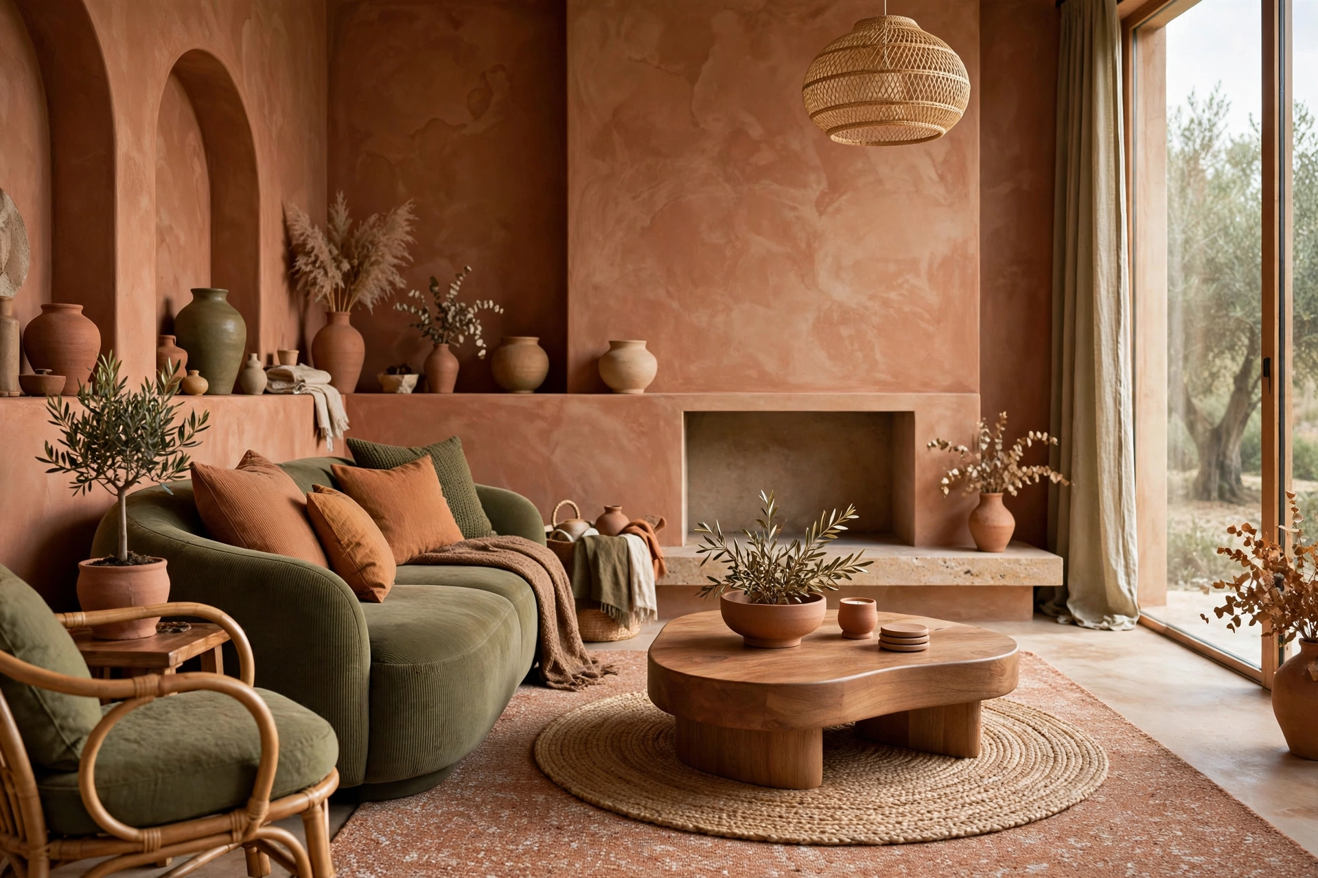 Living room with an earthy color palette of terracotta, clay and warm beige