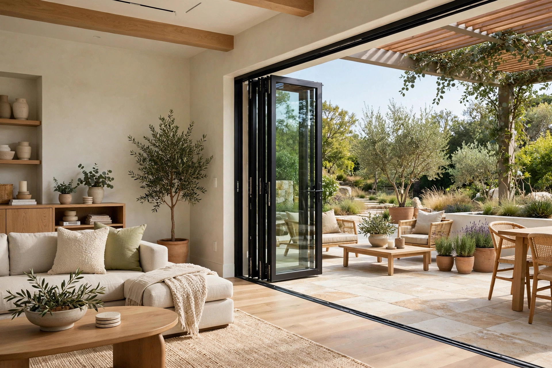 Indoor-outdoor living space with glass doors opening onto a garden patio