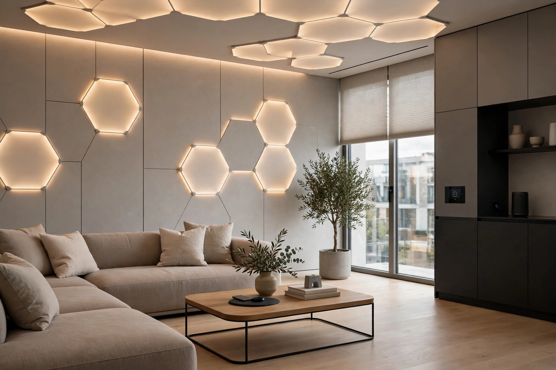 Smart home living room with discreet voice-controlled lighting and hidden technology