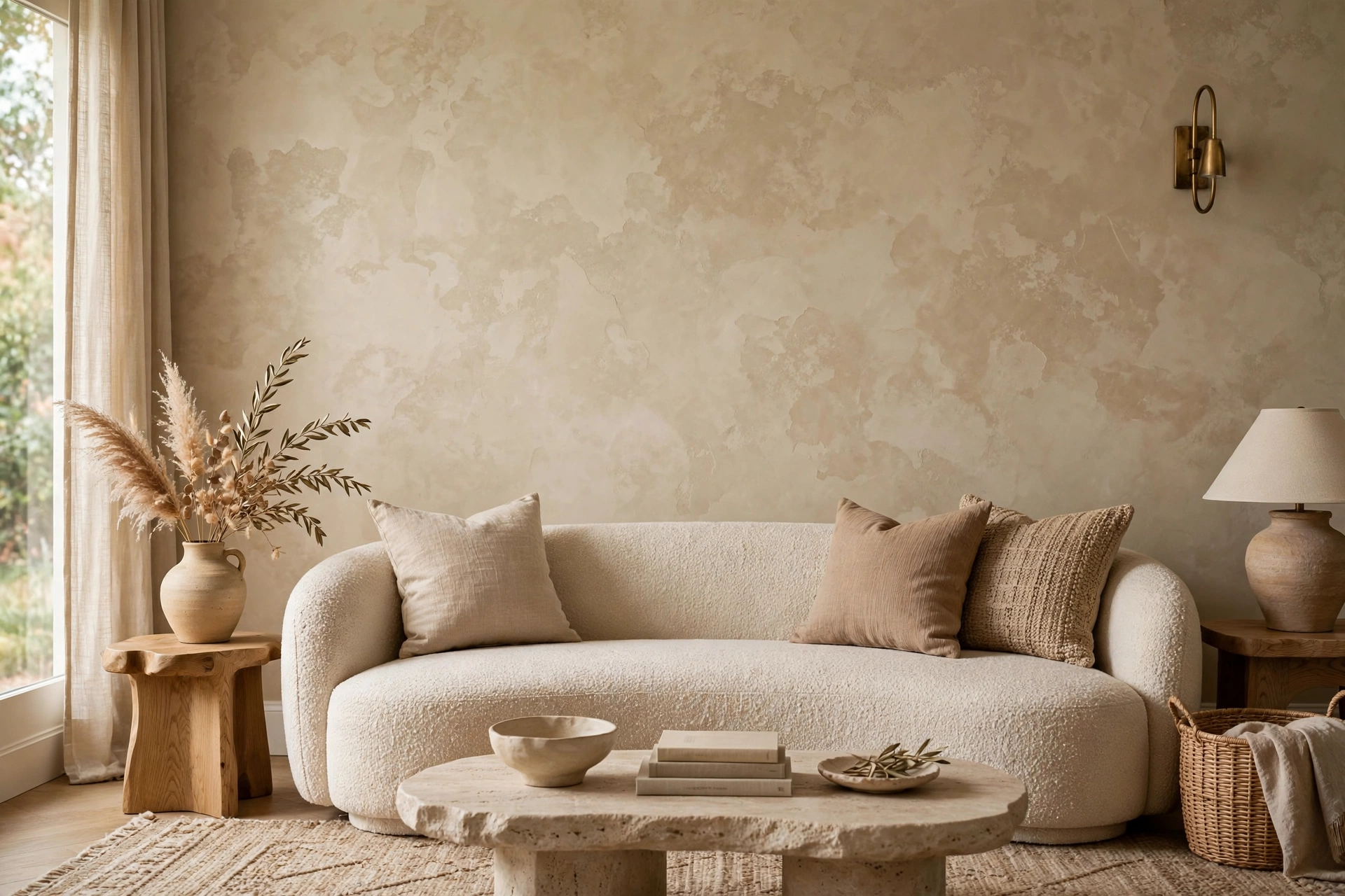 Bedroom with textured limewash walls in warm neutral tones
