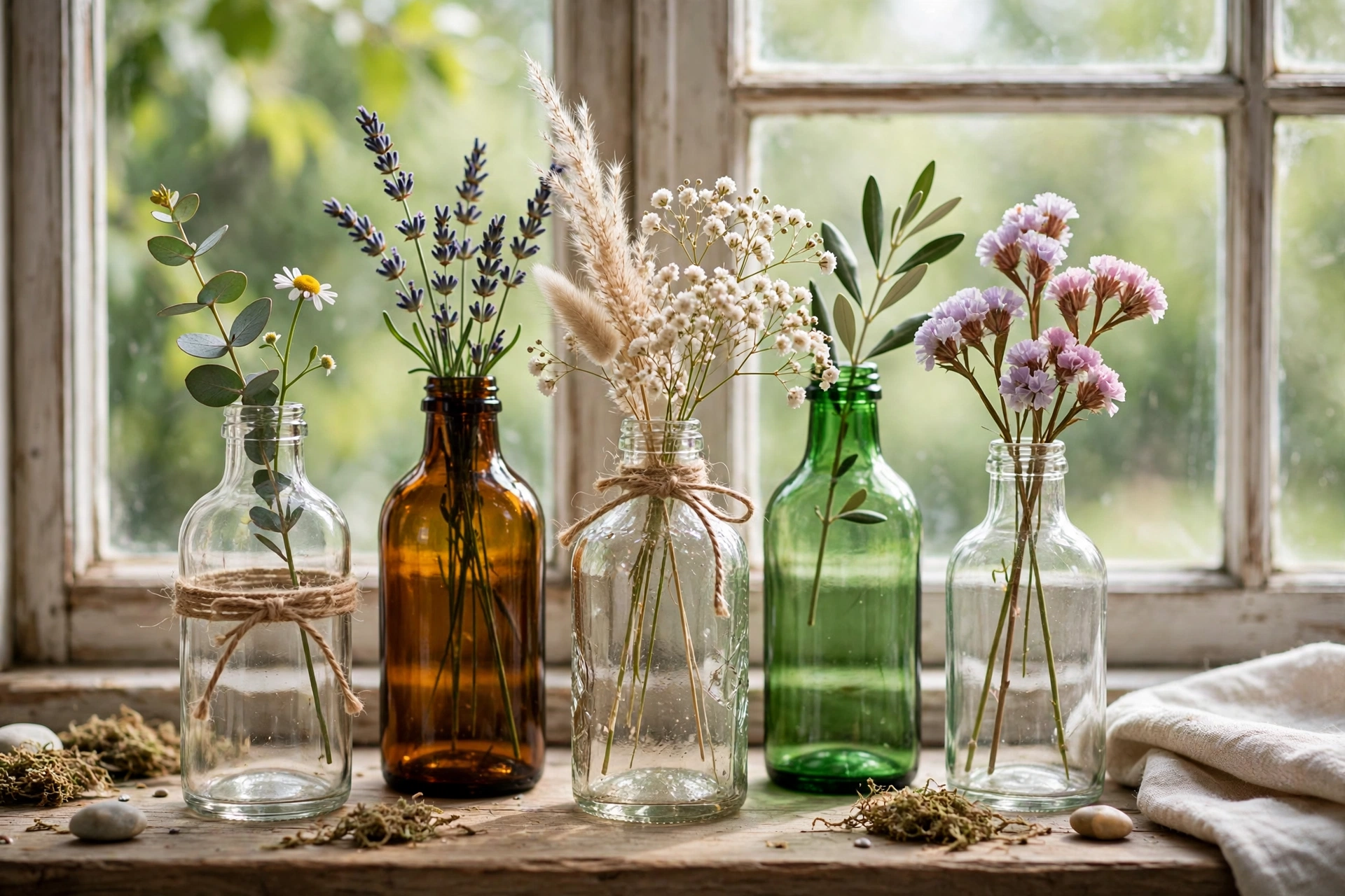 Glass bottles upcycled into elegant vases with fresh flowers