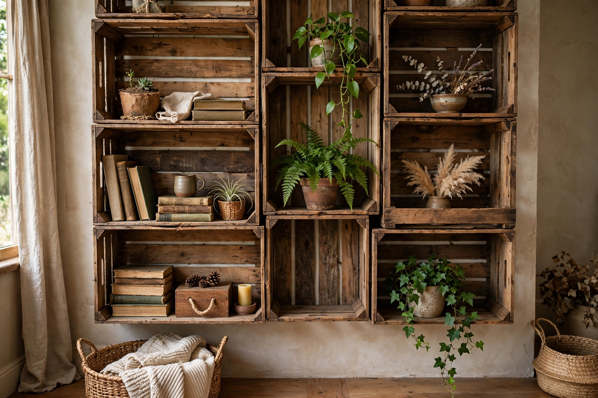 Wooden crates upcycled into rustic wall shelves with plants and books
