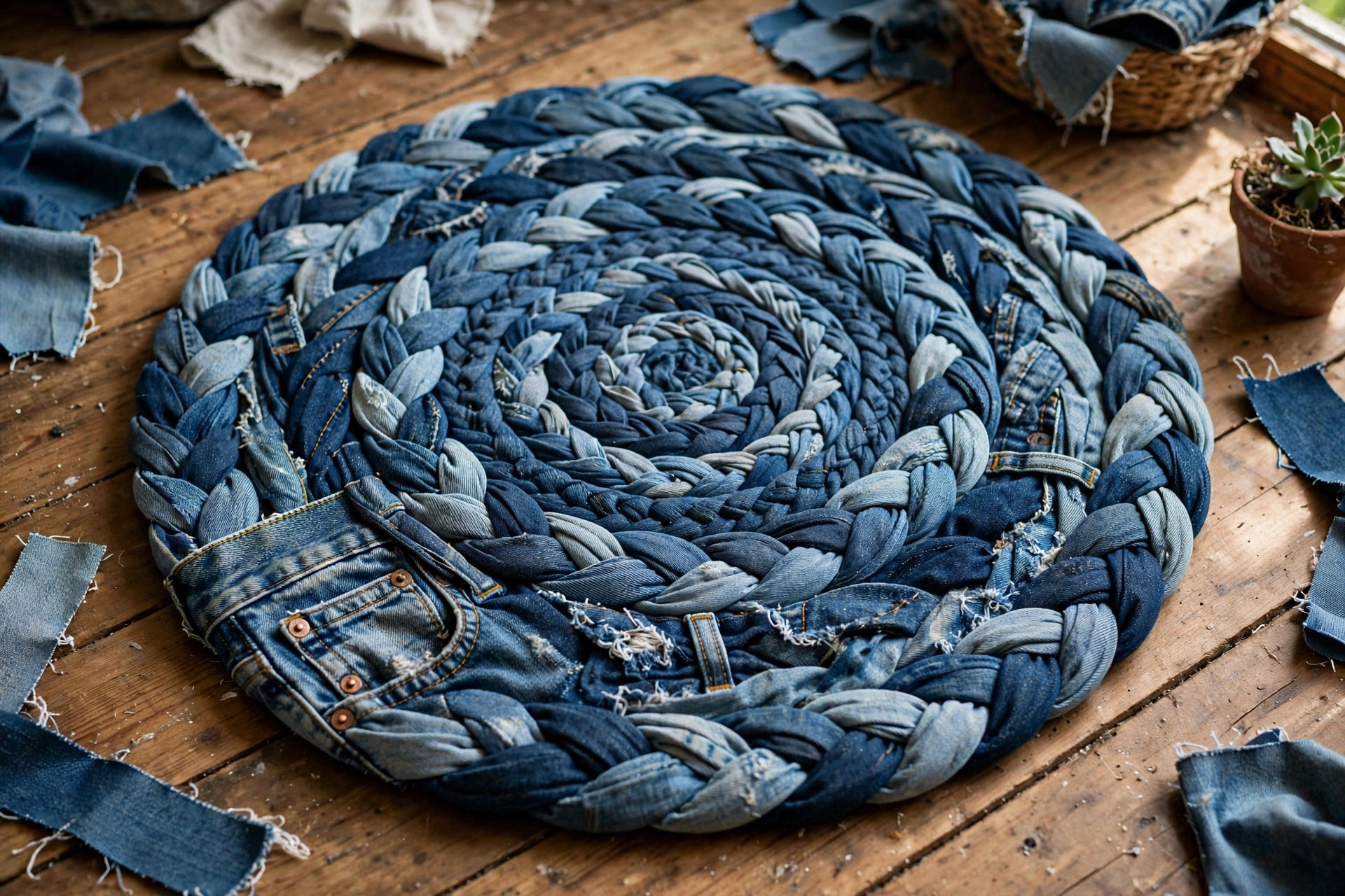 Handwoven rag rug made from recycled denim jeans