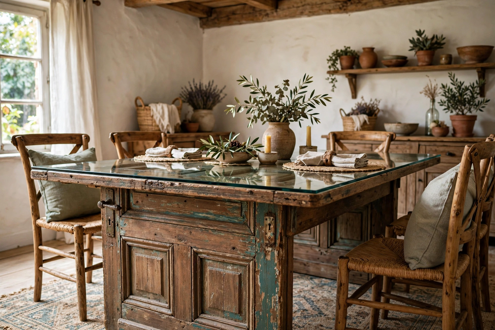 Old wooden door repurposed as a rustic farmhouse dining table
