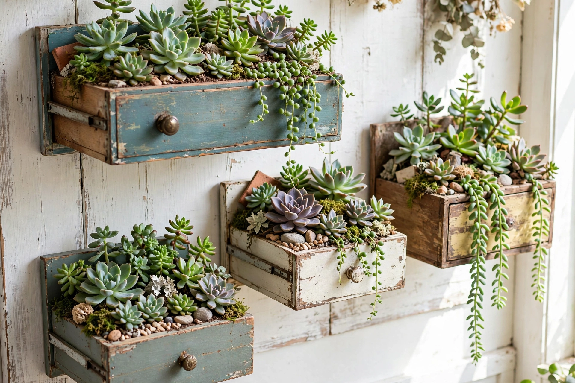 Vintage drawers upcycled into wall-mounted planters with trailing greenery