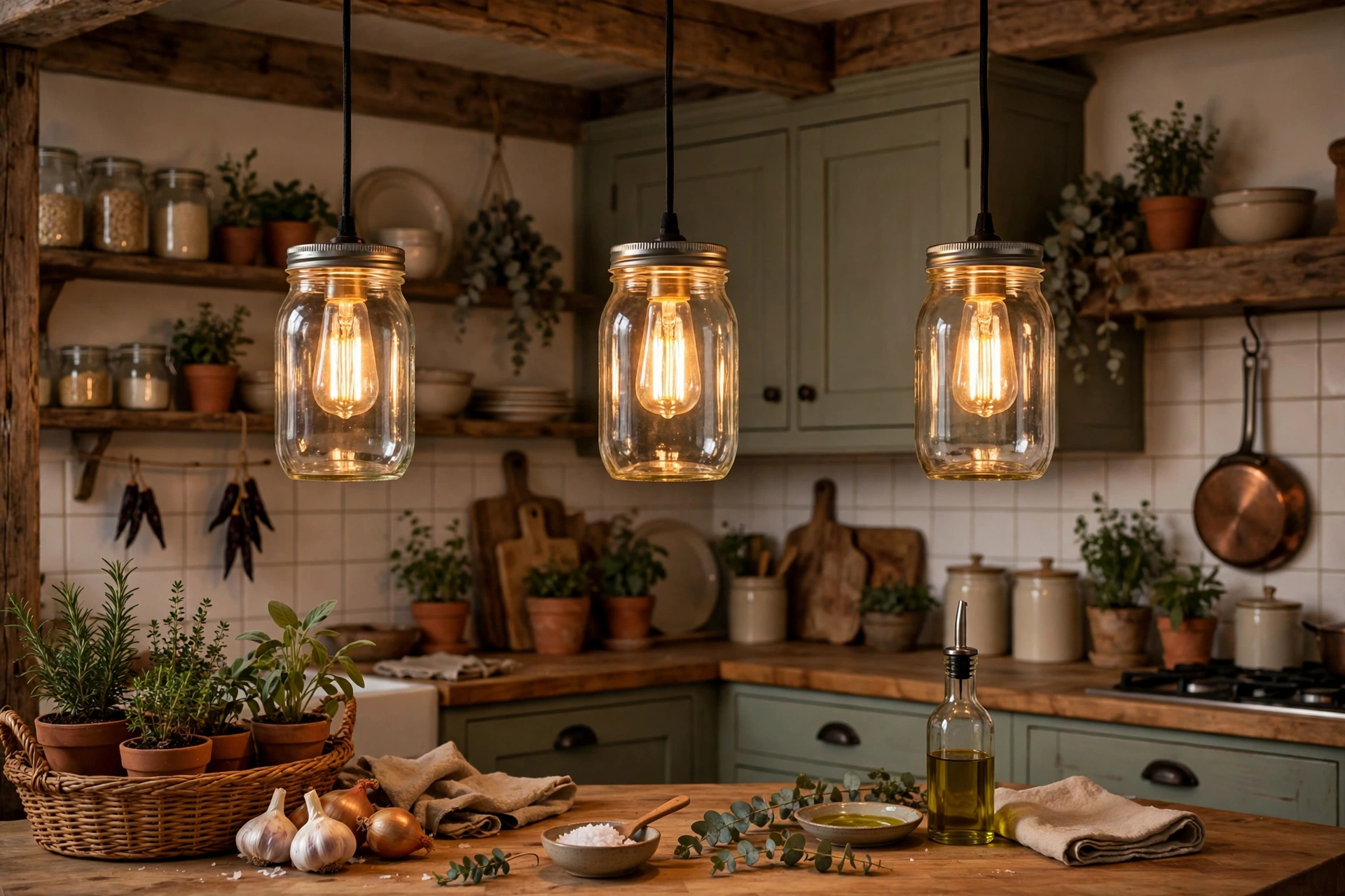 Mason jar pendant lights hanging above a kitchen island