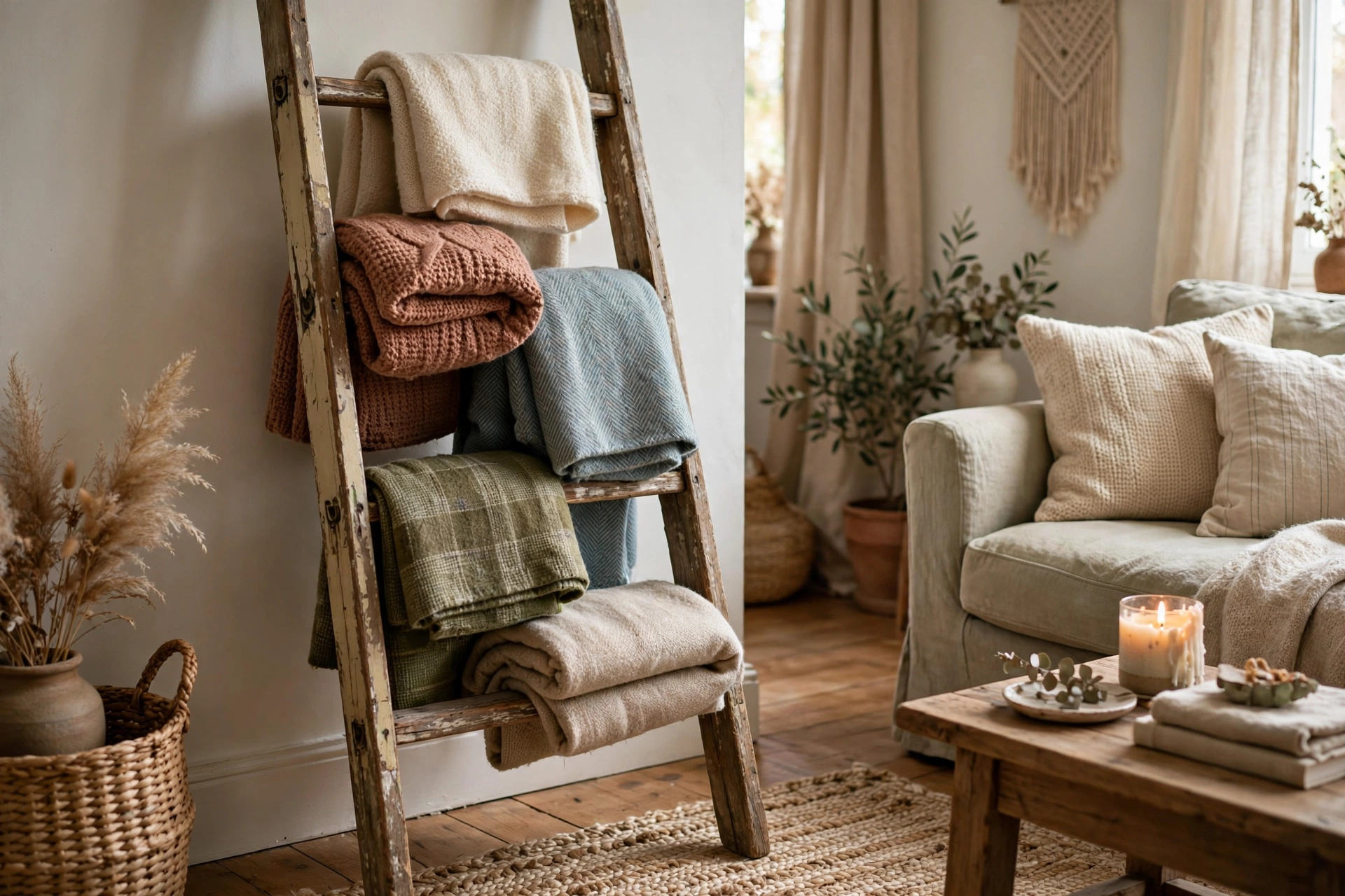 Old wooden ladder repurposed as a stylish bookshelf