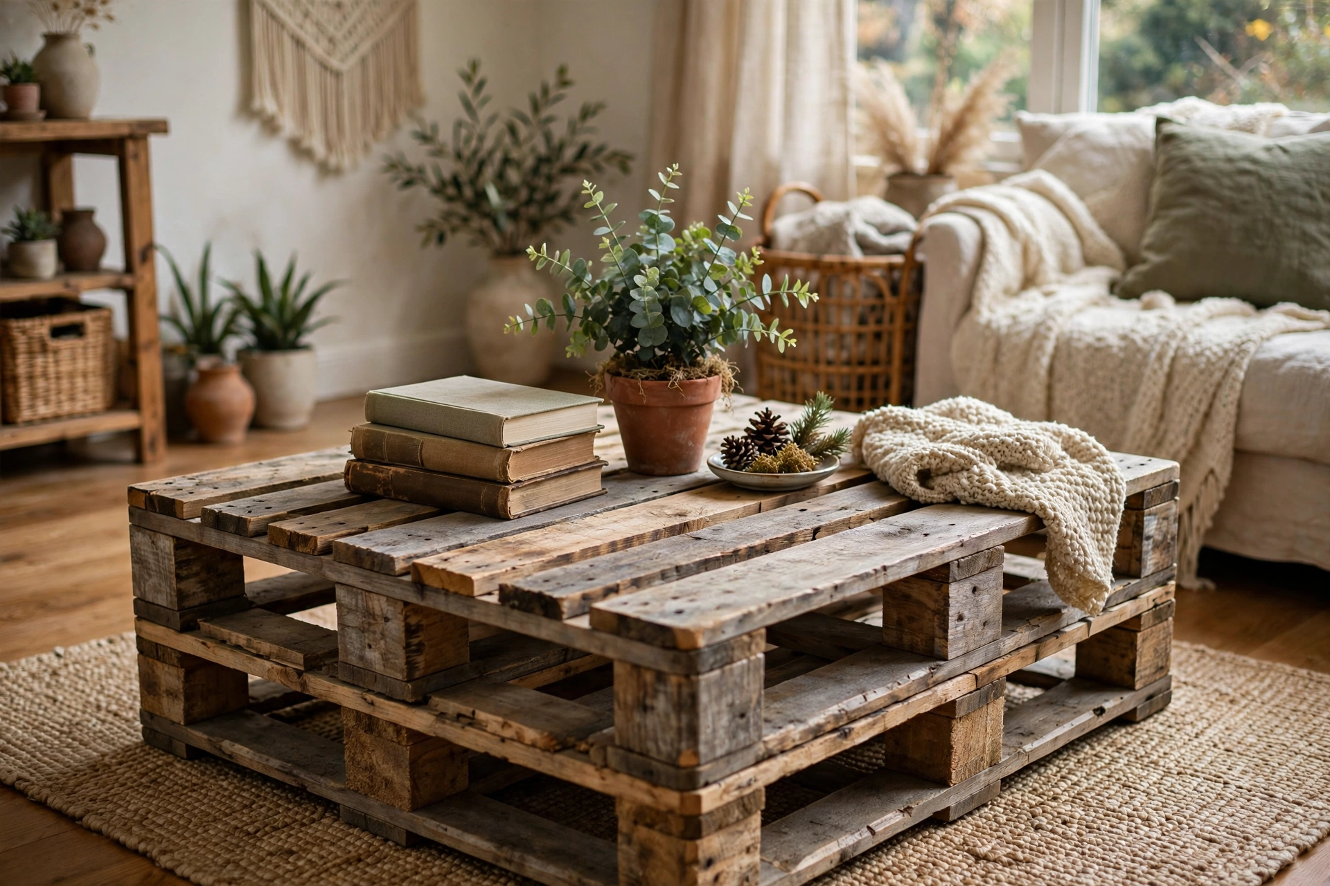 Upcycled pallet wood coffee table styled in a cozy living room