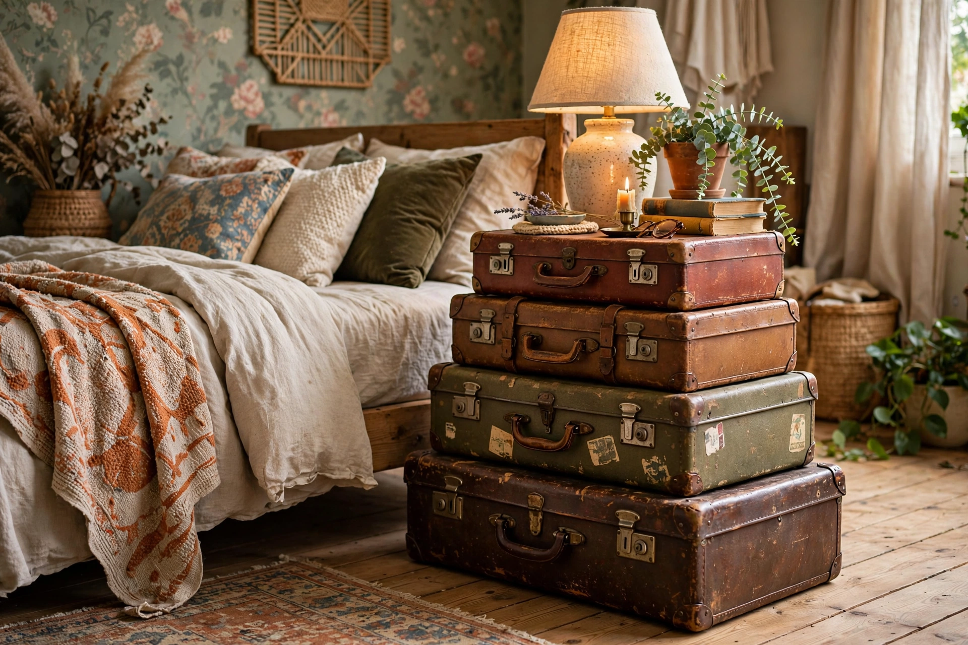 Vintage suitcase upcycled into a charming side table with stacked books