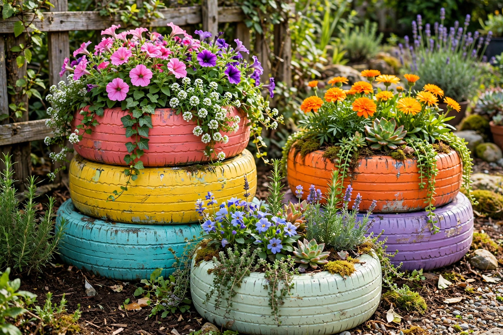 Colorful painted tire planters filled with blooming flowers