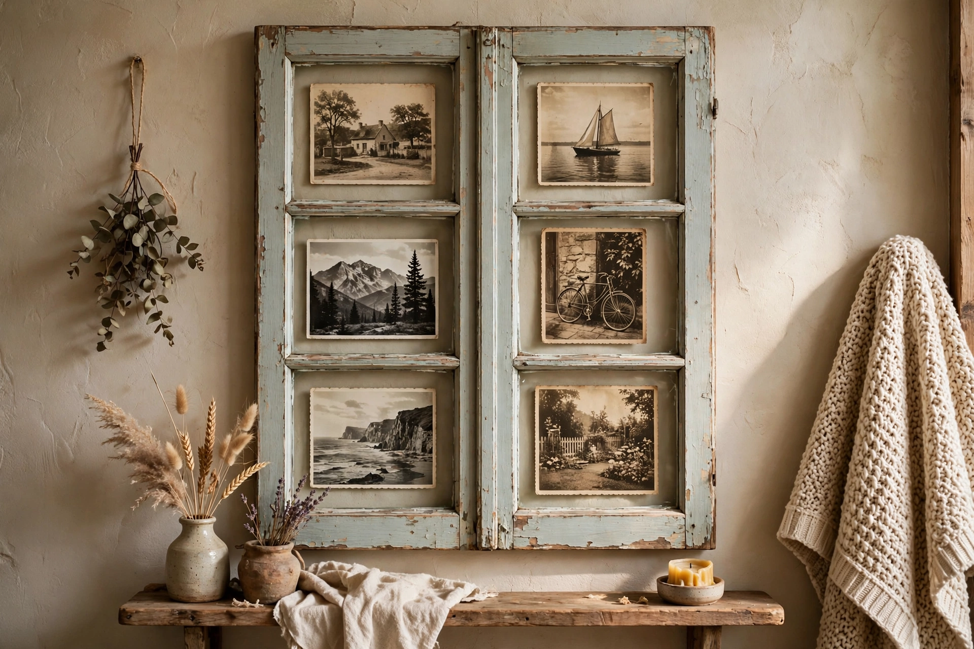 Old window frame upcycled into a charming photo display