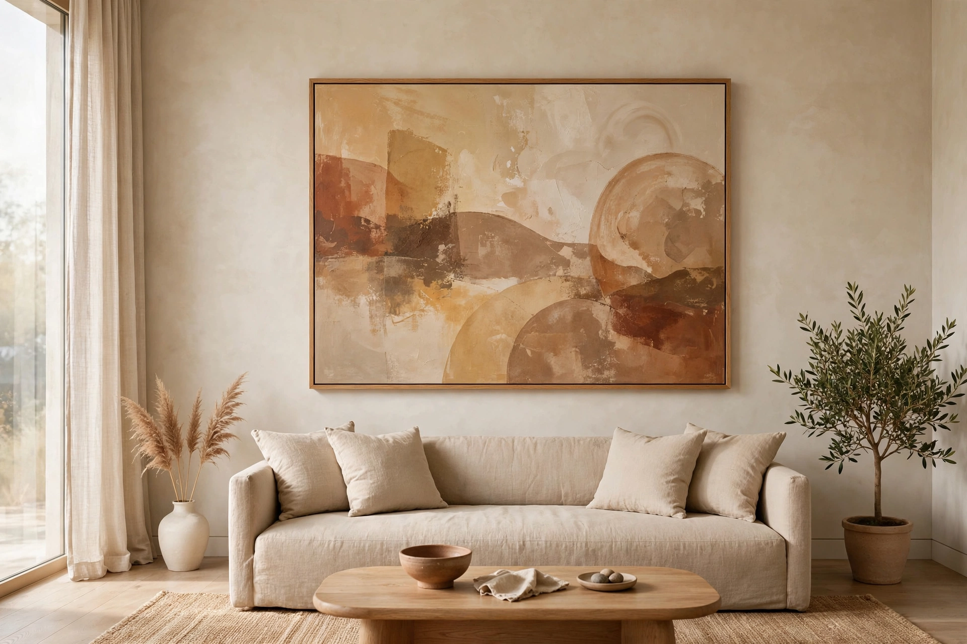 Warm minimalist living room wall art idea with an oversized canvas