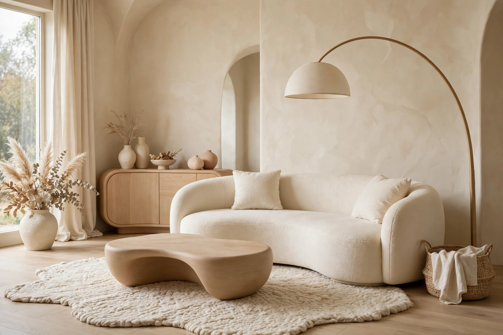 Warm minimalist living room idea with curved boucle furniture