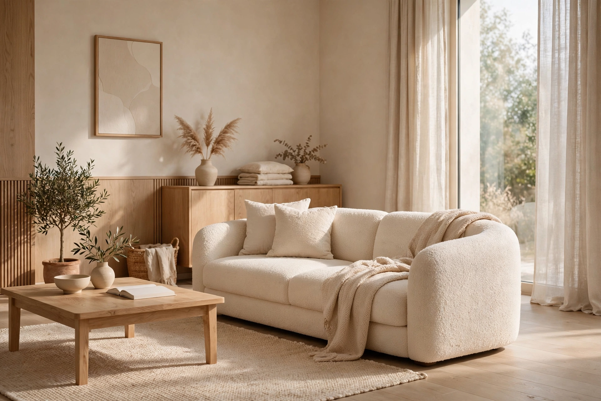 Warm minimalist living room with a neutral sofa, wood accents, and soft natural light