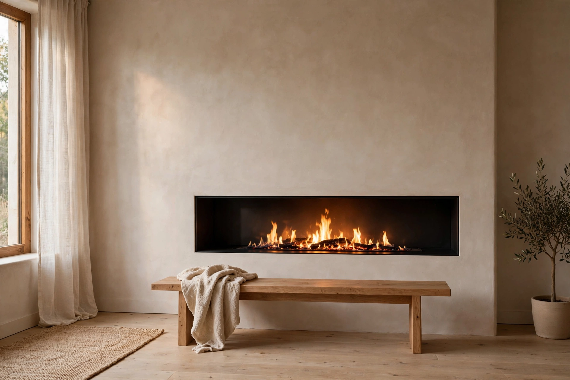 Warm minimalist living room idea with a modern fireplace