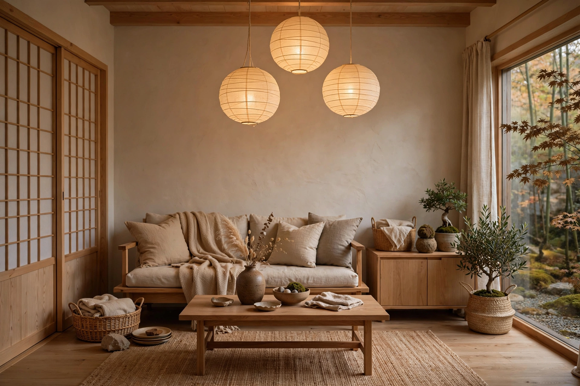 Japandi style warm minimalism living room idea with low furniture