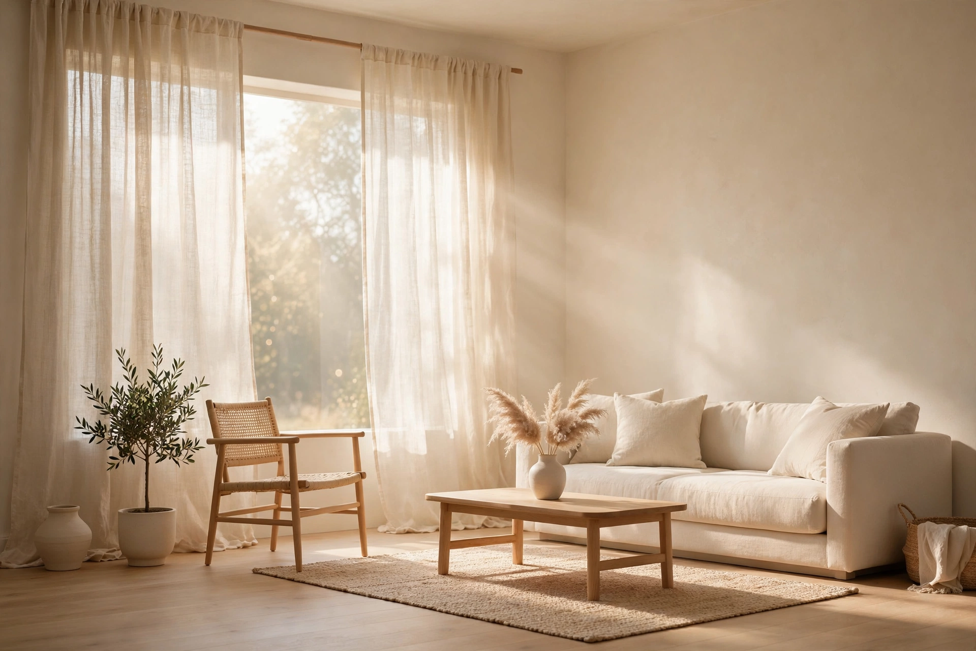 Warm minimalist living room idea filled with soft natural light
