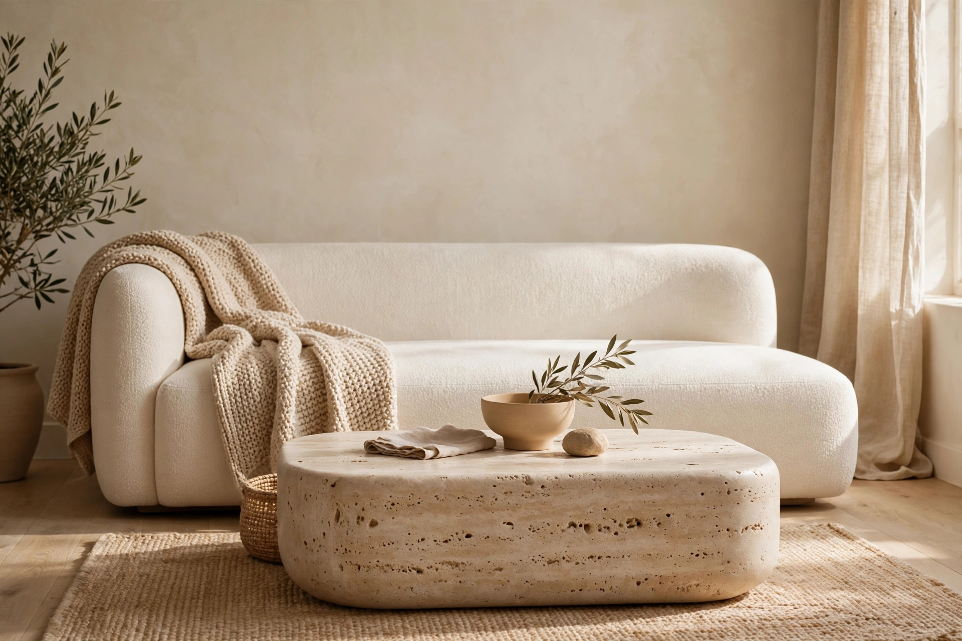 Warm minimalist living room idea with a neutral linen sofa