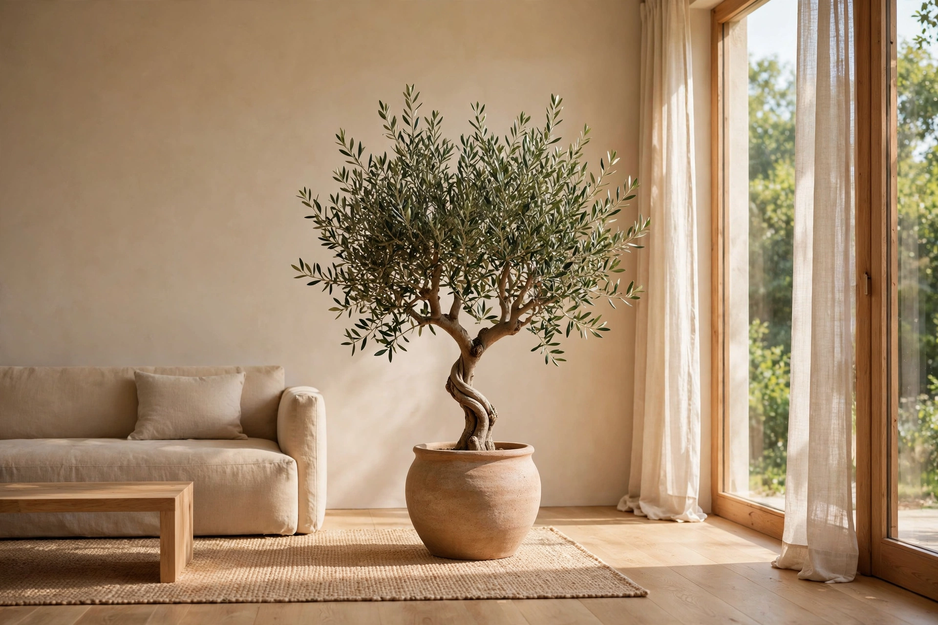 Warm minimalist living room idea with sculptural green plants