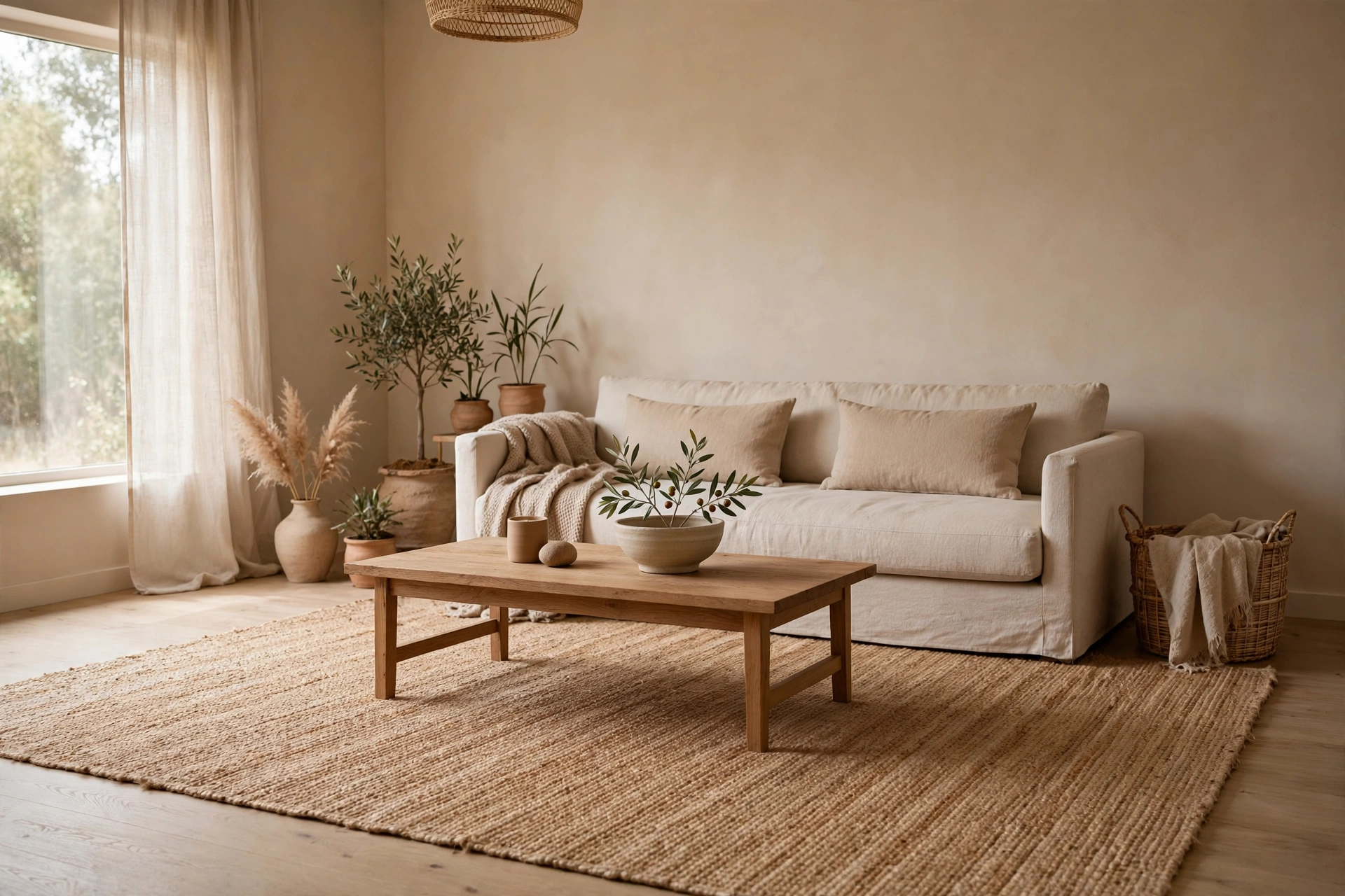 Minimalist living room idea with a warm textured area rug