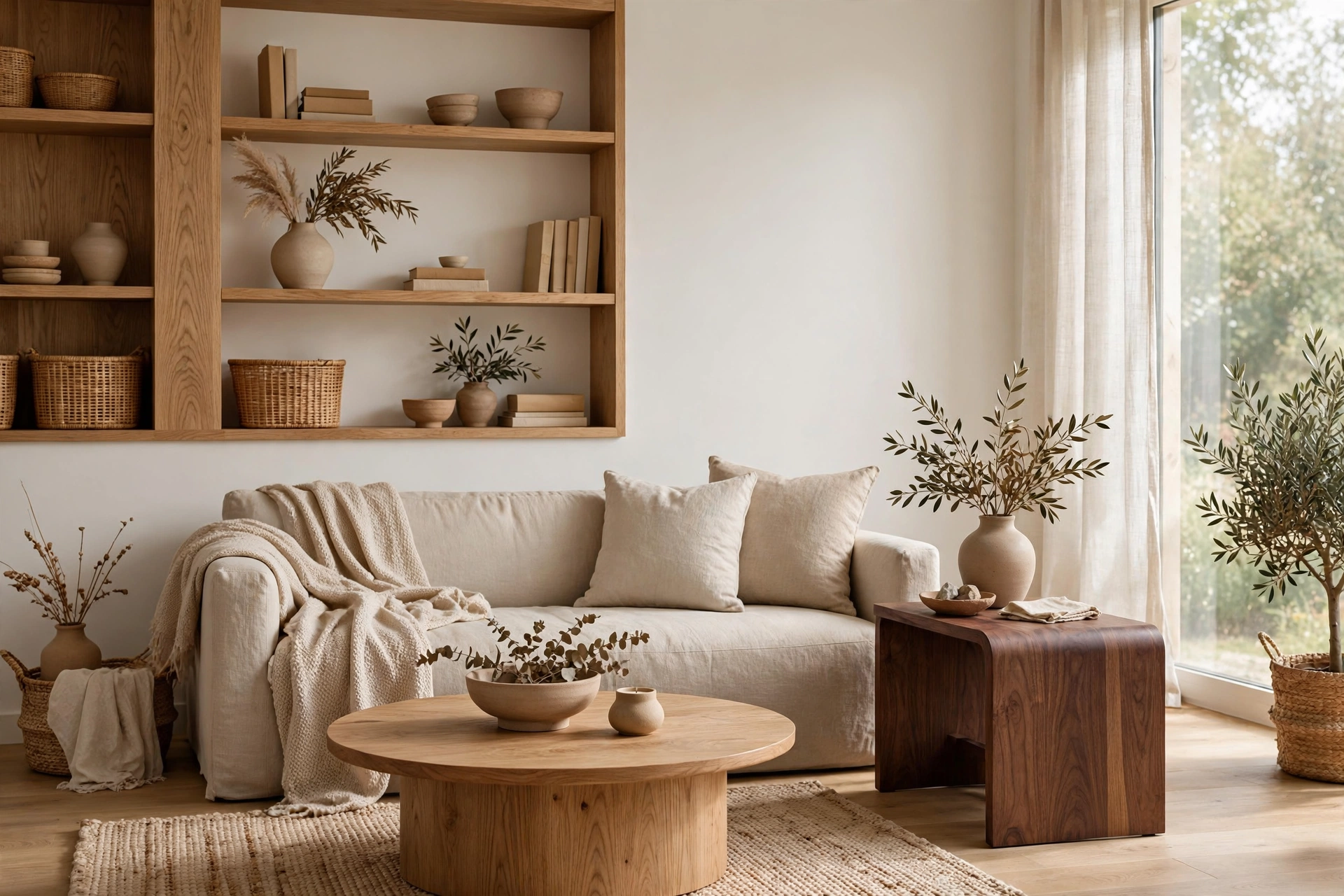 Warm modern living room idea with natural wood accents