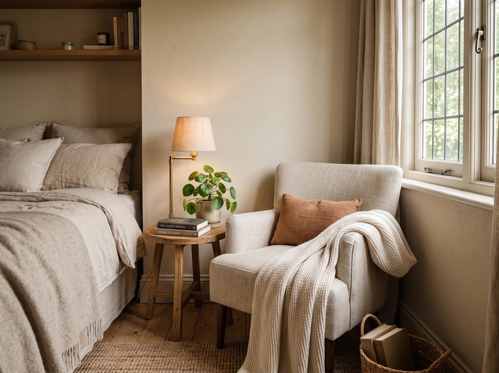 Cozy reading corner in a small bedroom with a compact chair