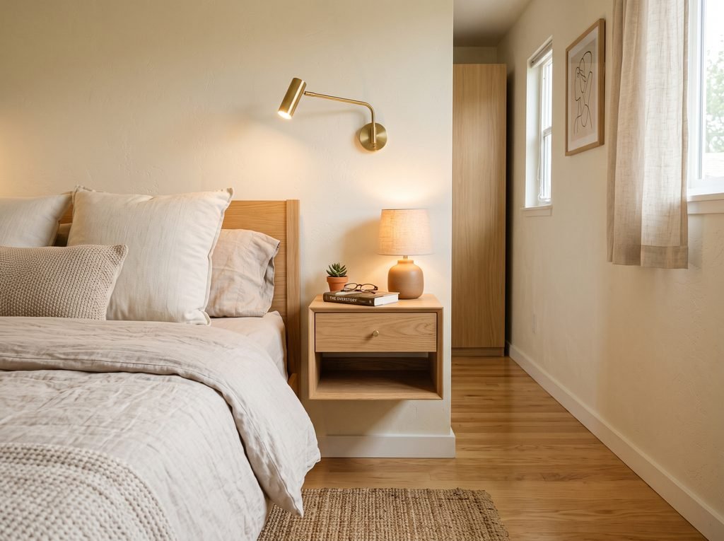 Small bedroom with a floating wooden bedside nightstand