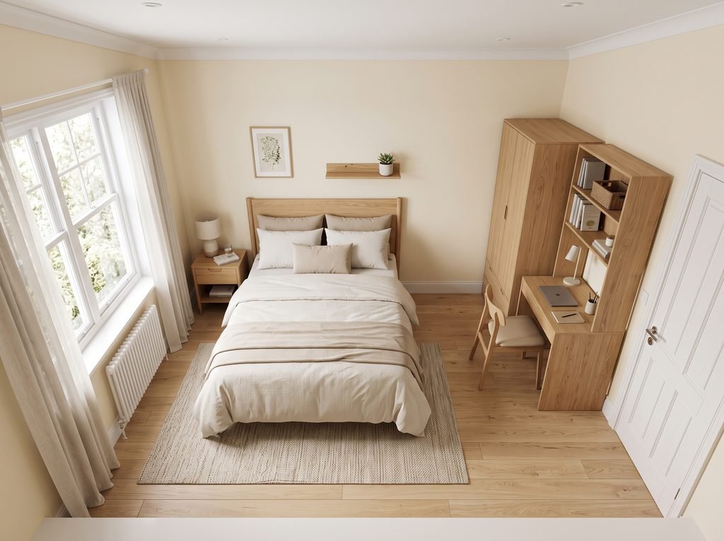 Efficient furniture layout for a compact rectangular bedroom