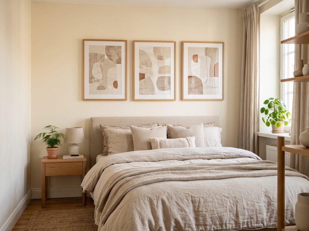 Small bedroom with a simple three-frame gallery wall above the bed