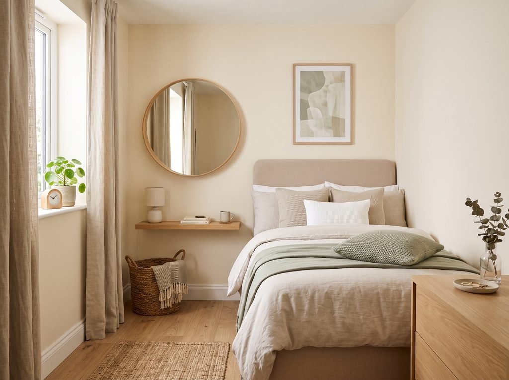 Cozy small bedroom ideas with warm neutral decor and space-saving furniture