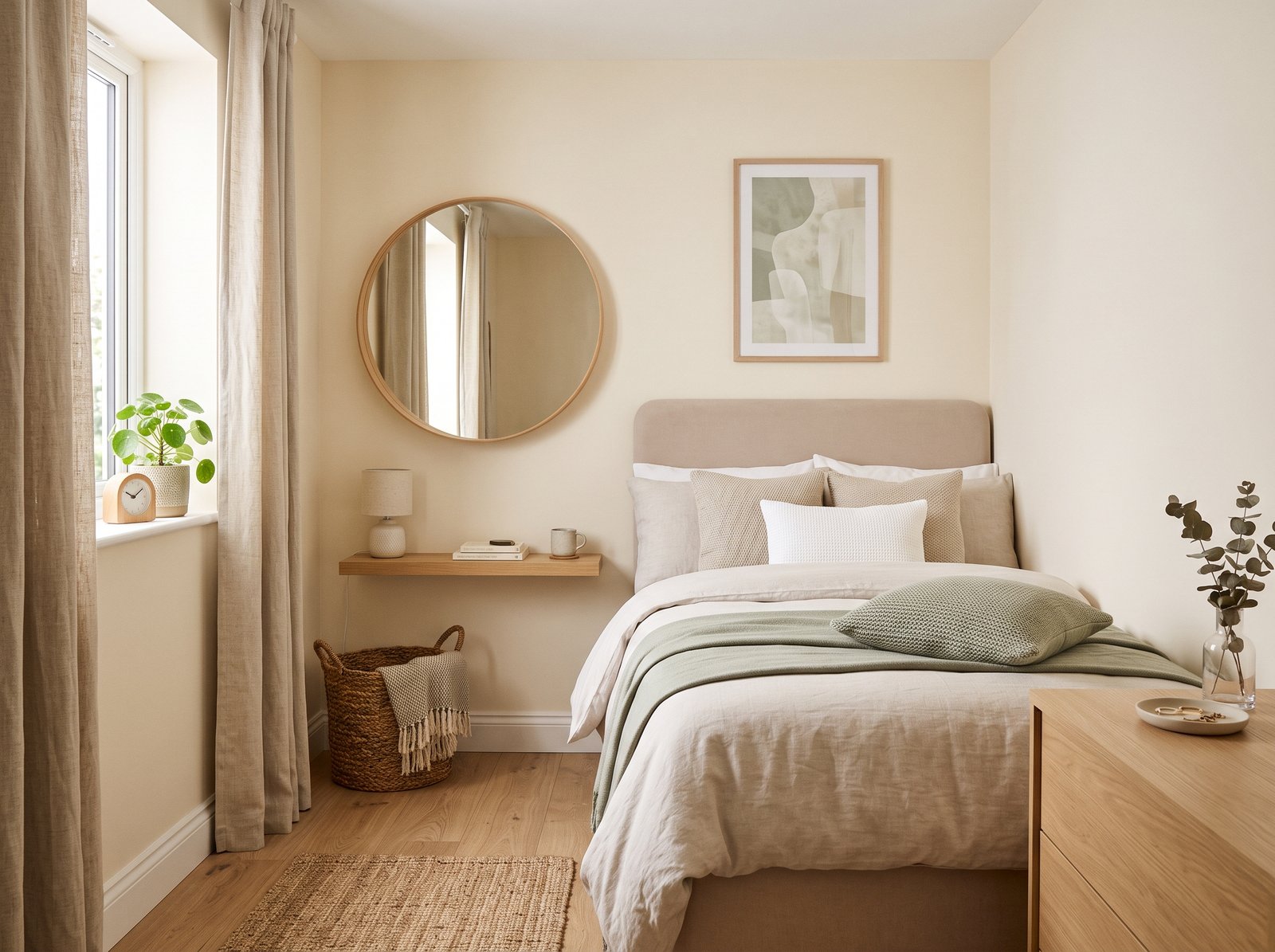 Cozy small bedroom with warm neutral decor and space-saving furniture