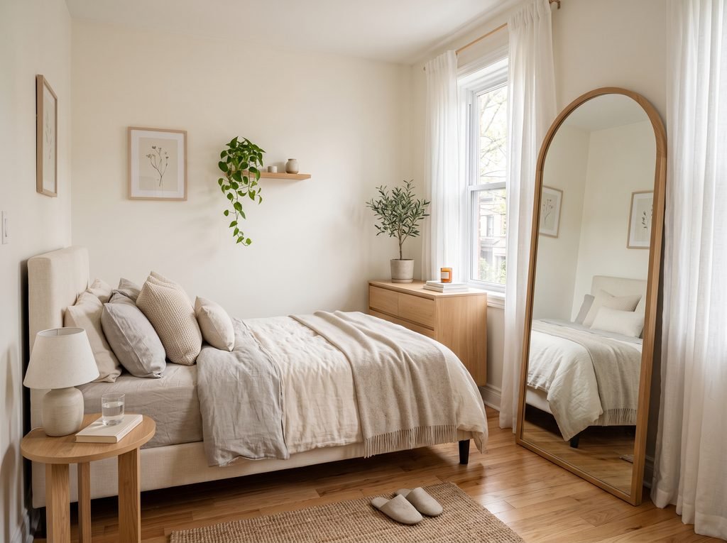 Small bedroom with a large mirror reflecting natural light