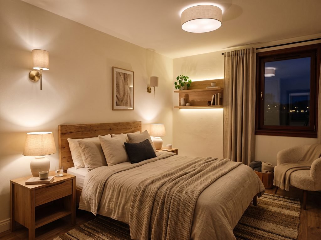Small bedroom with warm layered lighting and bedside lamps