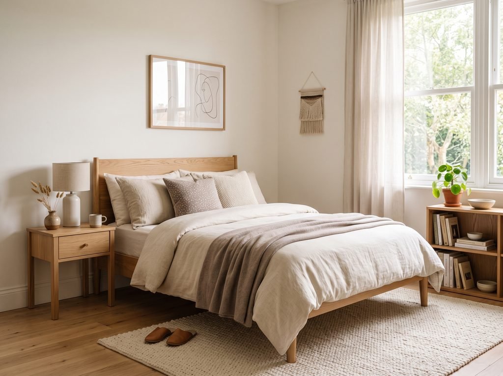 Small bedroom using light warm colors with cream walls and beige bedding