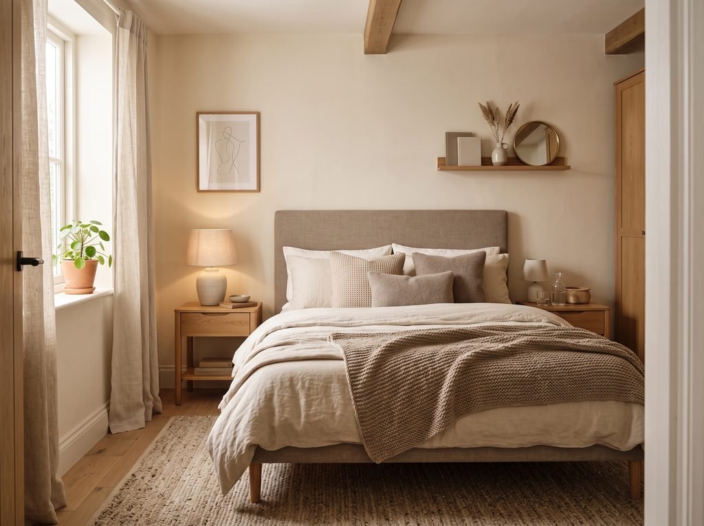 Small bedroom decorated with layered cream beige and taupe tones