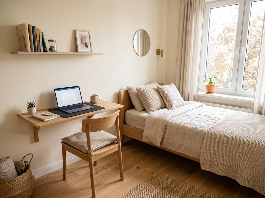 Small bedroom with a narrow wall-mounted desk and compact workspace