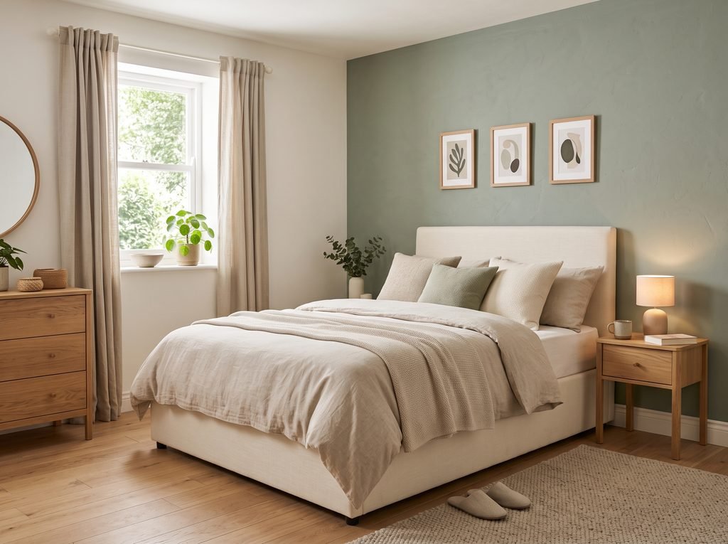 Small bedroom with a soft sage green accent wall