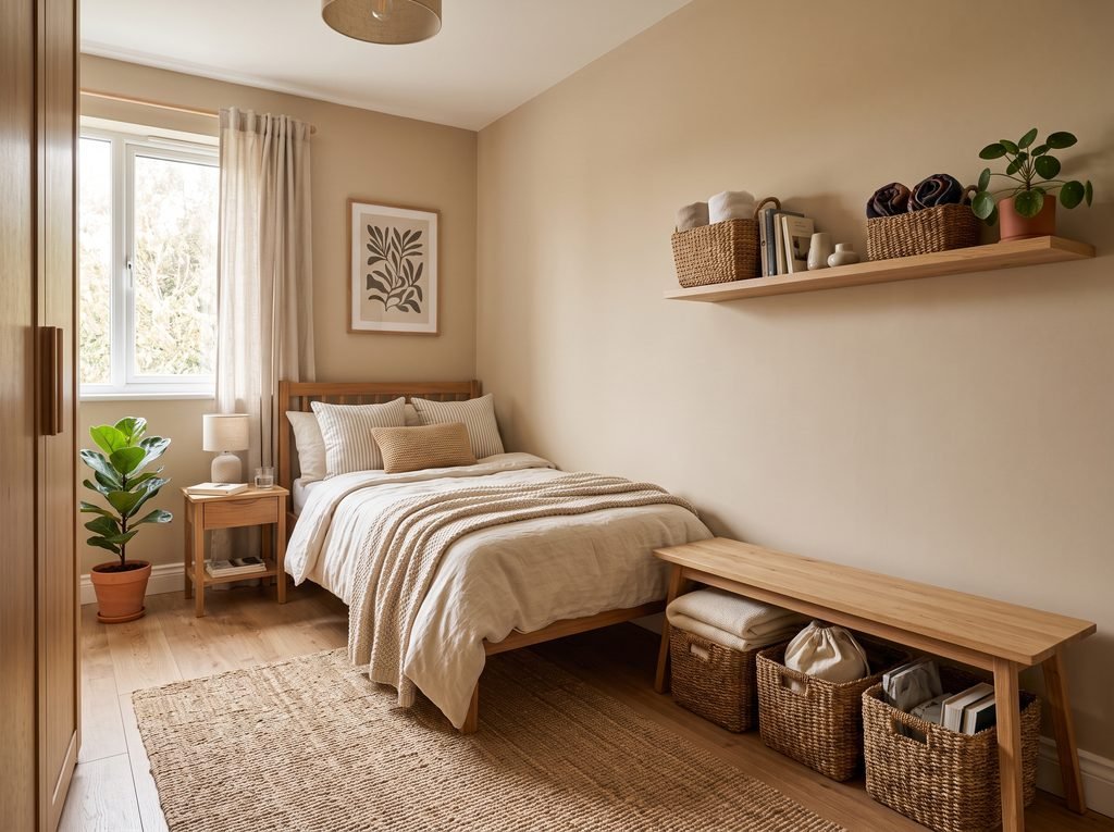 Small bedroom using woven baskets for organized storage