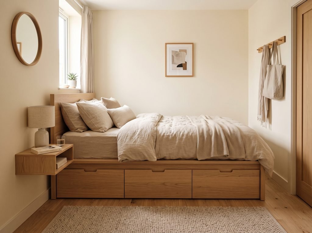 Compact bedroom with a practical storage bed