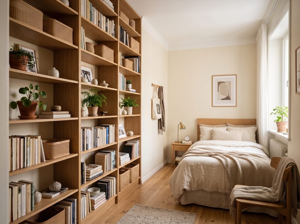 Small bedroom with vertical shelving for practical storage